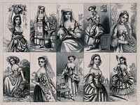 Women wearing costumes including Spanish or Italian; some are holding flowers and others have animals with them. Aquatint.