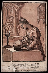 A young woman contemplating a skull. Woodcut by A. Andreani after A. Casolano, 1592.
