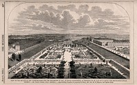 The site of the 1862 Exhibition, as designed for the Horticultural Society: aerial view, looking north. Wood engraving, 1859.