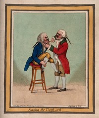 A tooth-drawer extracting a tooth from a patient who is seated on a stool. Coloured stipple engraving by J. Gillray, 1796.