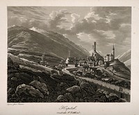 St. Gothard Hospital, St. Gothard, Switzerland: panoramic view. Aquatint after F.X. Triver.