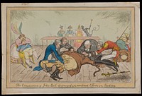 Burdett, Peel, O'Connell and Wellington in the roles of the body-snatchers Burke and Hare, suffocating John Bull with a rope; representing the extinguishing by Wellington and Peel of the constitution of 1688 by Catholic Emancipation. Coloured etching by A. Sharpshooter, 1829.
