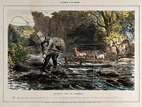 A man is standing in the middle of a lake tangled up with a fishing rod, lines and a net, deer come from the bushes to see what he is doing. Process print after John Leech.