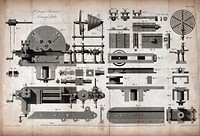 Engineering: Joseph Clement's constant-speed facing lathe, elevation, plan, and details. Engraving by W. Kelsall after J. Clement.