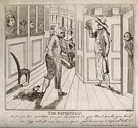 A bald-headed Charles James Fox in a wig shop (a dog is attacking his shoe) being shown a wig by the perruquier; to the right Edmund Burke is eavesdropping behind a door. Etching by Wetherell, 1793.
