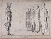 The Duke of Wellington as Chancellor of Oxford University, wearing academic robes and carrying a mace, instructs his Tory supporters portrayed as academics in gowns and mortar boards. Lithograph by John Doyle, 1834.