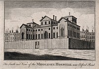The Middlesex Hospital: seen from the south-east. Engraving.