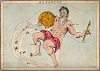 Astrology: signs of the zodiac, Aquarius. Coloured engraving by S. Hall.