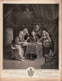 A family group of five singing around a table to the accompaniment of the violinist who is the originator of the image. Line engraving by J.G. Wille after G. Schalken.