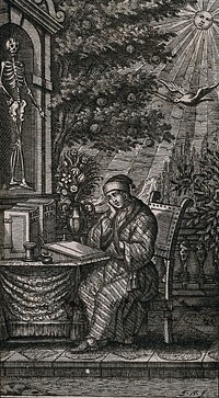 A man sits on his balcony and contemplates his writing. Etching.