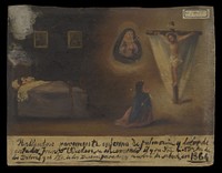 Francisco Wiedon  and his wife praying for cure of his pneumonia and pain in the side. Oil painting by a Spanish painter, 1864.