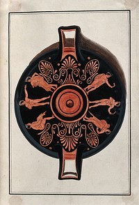 Frieze decorating the inside of a Greek red-figured cup (kylix) showing naked youths and a palm motif. Watercolour by A. Dahlsteen, 176- .