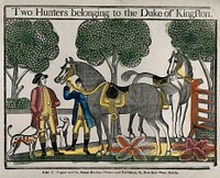 Two hunting horses belonging to the 2nd Duke of Kingston, with two hounds and two horsemen. Coloured woodcut, ca. 1850 .