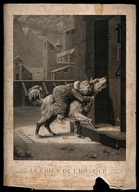 A St. Bernard dog brings an avalanche victim to a hospice in the Alps. Stipple engraving by Dibart Castel, 1820, after P.A.A. Vafflard.