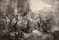 Saint John the Baptist preaching to the people. Etching by J. P. Norblin de la Gourdaine, 1808, after Rembrandt.