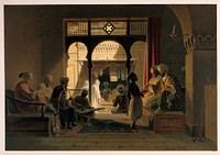 Cairo: a coffee-house with men sitting on wooden benches to smoke and drink. Colour lithograph by G.W. Seitz, ca. 1878, after Carl Werner, 1871.