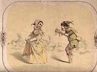 Two children dressed in jester's clothes perform a dance. Lithograph by C. Thielley, 1851, after E. de Beaumont.