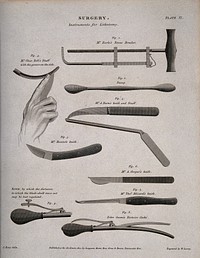 Surgery. Instruments for lithotomy, including Mr. Earle's stone breaker and Mr. A. Cooper's knife. Engraving by Wilson Lowry after John Farey.