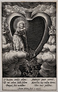 The Christ Child sweeping a brood of reptilian monsters out of the believer's heart with a broom. Engraving by A. Wierix, ca. 1600.