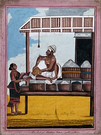A market vendor selling rice from his store. Gouache painting.