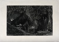 A wizard and his accomplice performing incantations in a forest during a full moon. Etching by S. Palmer and A.H. Palmer.
