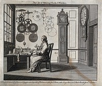 Clocks: a watch-maker seated at his workbench with a long-case and a bracket clock behind him, diagrams of movements above his head. Engraving, 1748.