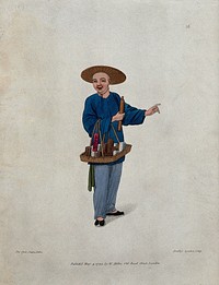 A Chinese street vendor selling incense powders and sticks. Coloured stipple engraving by J. Dadley after Pu-Qua.