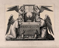 Angels in adoration of the Eucharist, which is presented on an altar decorated with the Last Supper. Lithograph by J.G. Schreiner after M. Seitz after H. Hess.