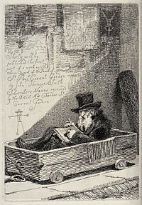 An old man in a top hat sitting in a wooden cart with wheels that resembles a coffin, pointing at a passage in the book he is reading. Etching by J.T. Smith.