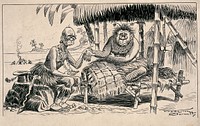 A sick tribal chief consulting a witch-doctor admits to having eaten a German missionary. Pen drawing by F. Garnett.