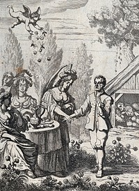 A man dressed in rags is approaching a party of young ladies and a musician with a cupid scattering flowers over them; illustration for a fable. Etching.