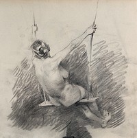 A female nude, sitting on a swing, seen from behind. Pencil drawing.