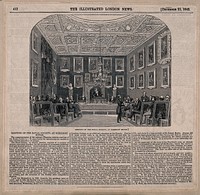 A meeting of the Royal Society at Somerset House in the Strand. Wood engraving, 1843, after F. W. Fairholt.