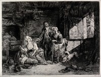 An old fortune-teller is visiting a couple and their newborn baby, whose birth she had predicted. Etching by F.A. Milius after S. Freudenberger, 1860/1890.