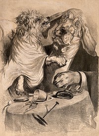 A little dog attacking the ear of a blood-hound; representing doctor-patient relationships. Lithograph after E.H. Moore.