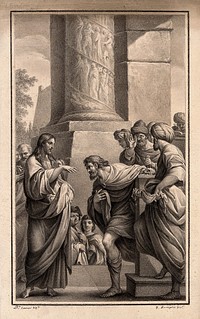 Christ calls Matthew to be among his apostles. Drawing by F. Rosaspina, 1830, after L. Carracci.