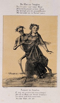 The dance of death at Basel: death and the maiden. Lithograph by G. Danzer after H. Hess.
