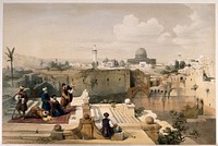 Jerusalem: men smoking and praying with a view to the mosque of Omar. Coloured lithograph by L. Haghe, c. 1841, after D. Roberts.