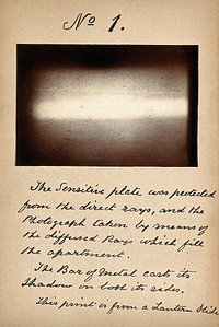 Light emitted by Röntgen Ray Tubes: a metal bar. Photoprint from radiograph, by James Wimshurst, 1898.