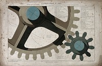 Engineering: large cogs meshing together, and diagrams of epicycloid curves. Colour lithograph by Stanislas Petit, ca. 1905.