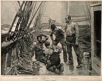 A sailor setting the broken leg of another sailor after an accident on deck. Halftone after F. Brangwyn, 1895.