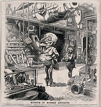 Two figures, Mr Punch and his cat, with springs on their feet, standing in a museum of modern inventions. Wood engraving after L. Sambourne, 1878.