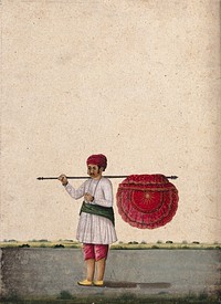 An Indian bearer holding a large, richly decorated fan or banner, horizontally on his shoulder. Watercolour by an Indian artist.