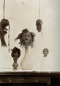 Shrunken heads displayed on vases and as hanging baskets. Photograph, ca. 1890 .