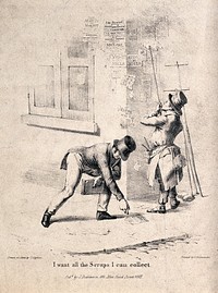 A man bending down in the street to pick up a scrap of a discarded poster that is being blown around by the wind. Lithograph by T. Dighton.