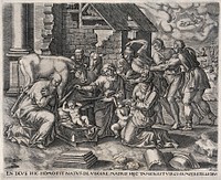 The adoration of the shepherds at the birth of Christ in the presence of John the Baptist and Saint Elizabeth. Engraving after L. Lombard .