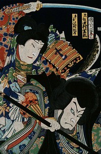 Actors Sawamura Tossho as a young warrior and Nakamura Shikou V as an older man, confronting a common foe. Colour woodcut by Kunichika.