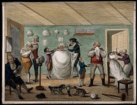 A barber's shop. Coloured etching by C. Knight after H.W. Bunbury.