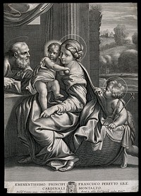 Saint Mary (the Blessed Virgin) and Saint Joseph with the Christ Child and Saint John the Baptist. Engraving by C. Bloemaert after Annibale Carracci.