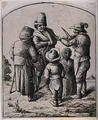 A man, a woman and two children stand and listen to a man playing a violin. Etching by D. Deuchar, 1802, after A. van Ostade.